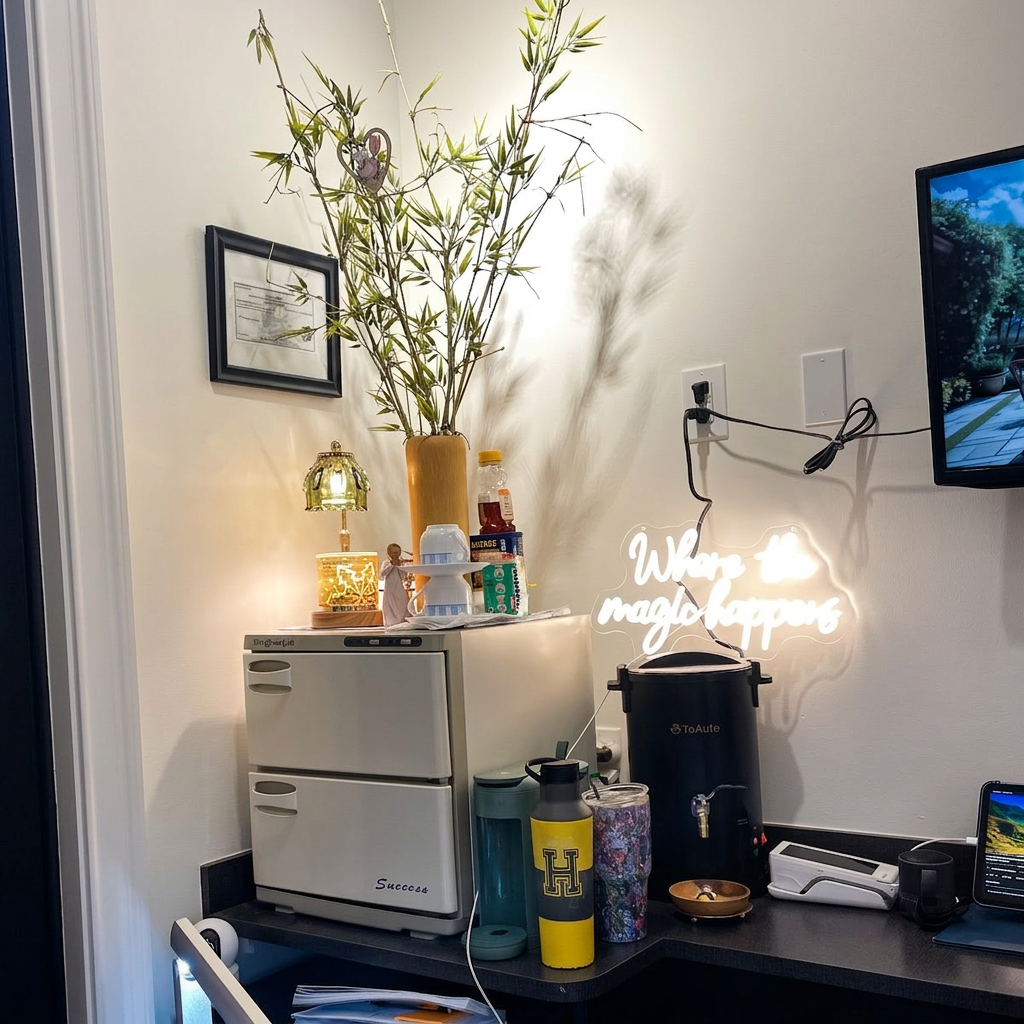 Cozy spa corner with bamboo plant and warm lighting
